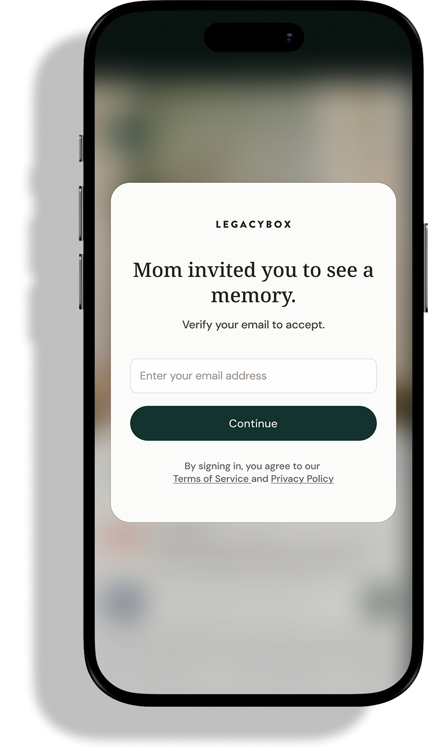 Legacybox app name prompt on a phone
