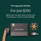The Legacybox Bundle for $250 with a Legacybox, phone, film reel, and VHS tape