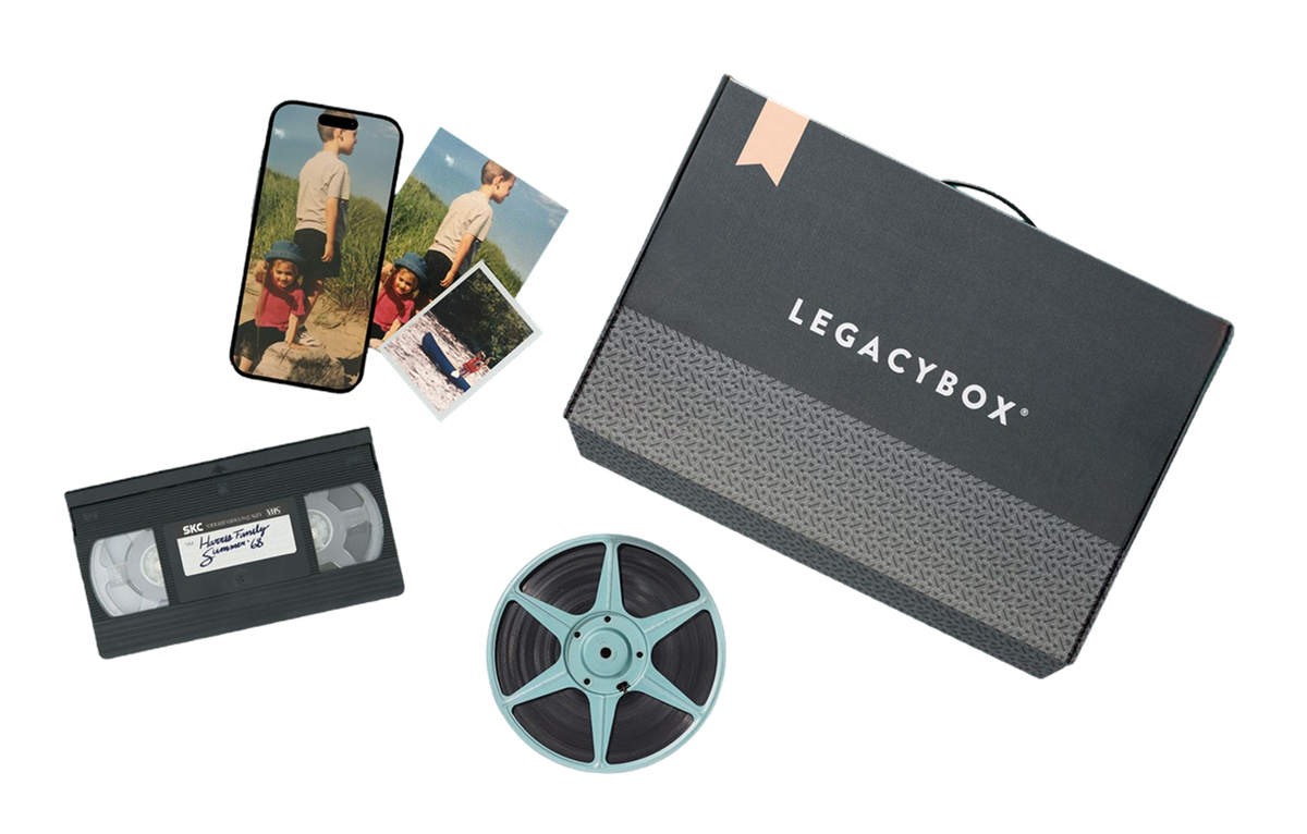 Legacybox with home movies, photos, a film reel and digital memories
