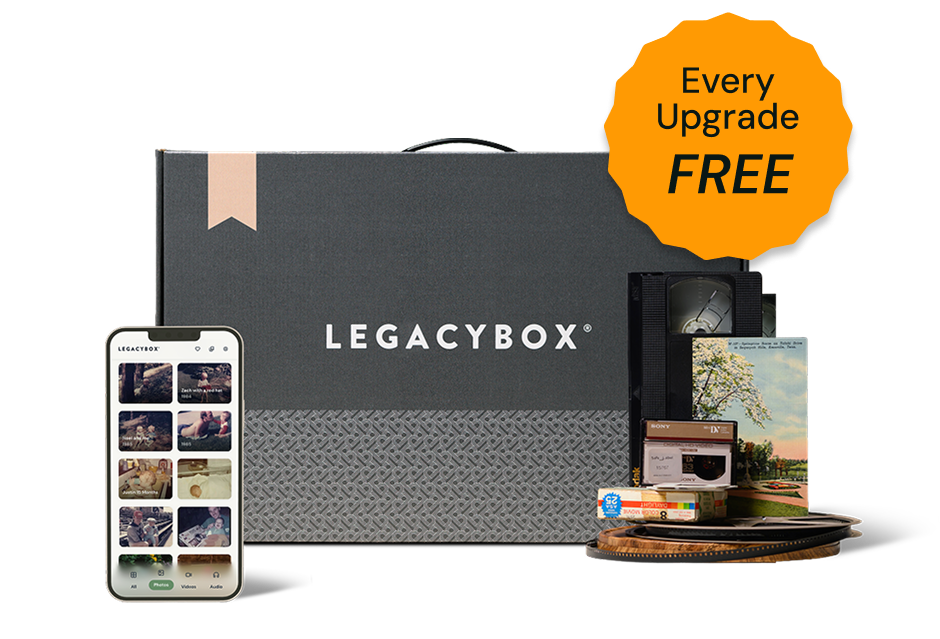 Legacybox digitizing kit with videotapes, film reels, photos and the Legacybox app