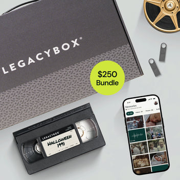 Legacybox with a phone and supported tapes, film, and photos