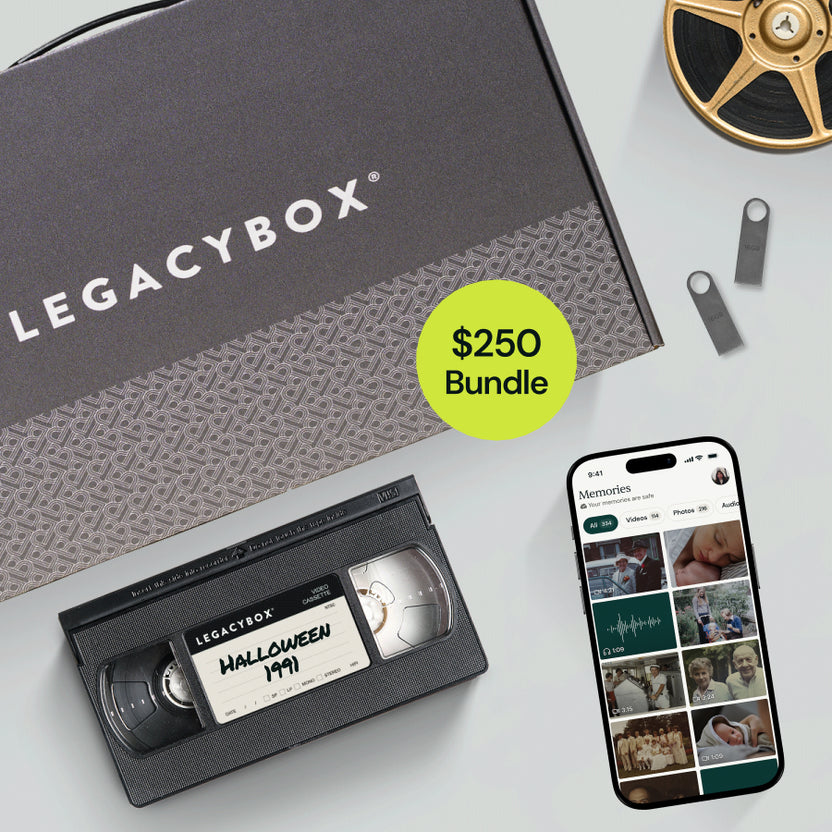Legacybox with a phone and supported tapes, film, and photos