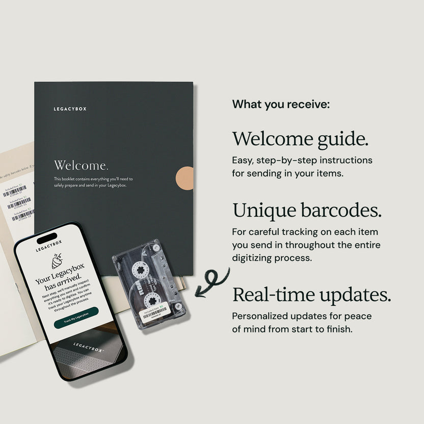 Legacybox welcome guide, barcode labels, and tracking updates