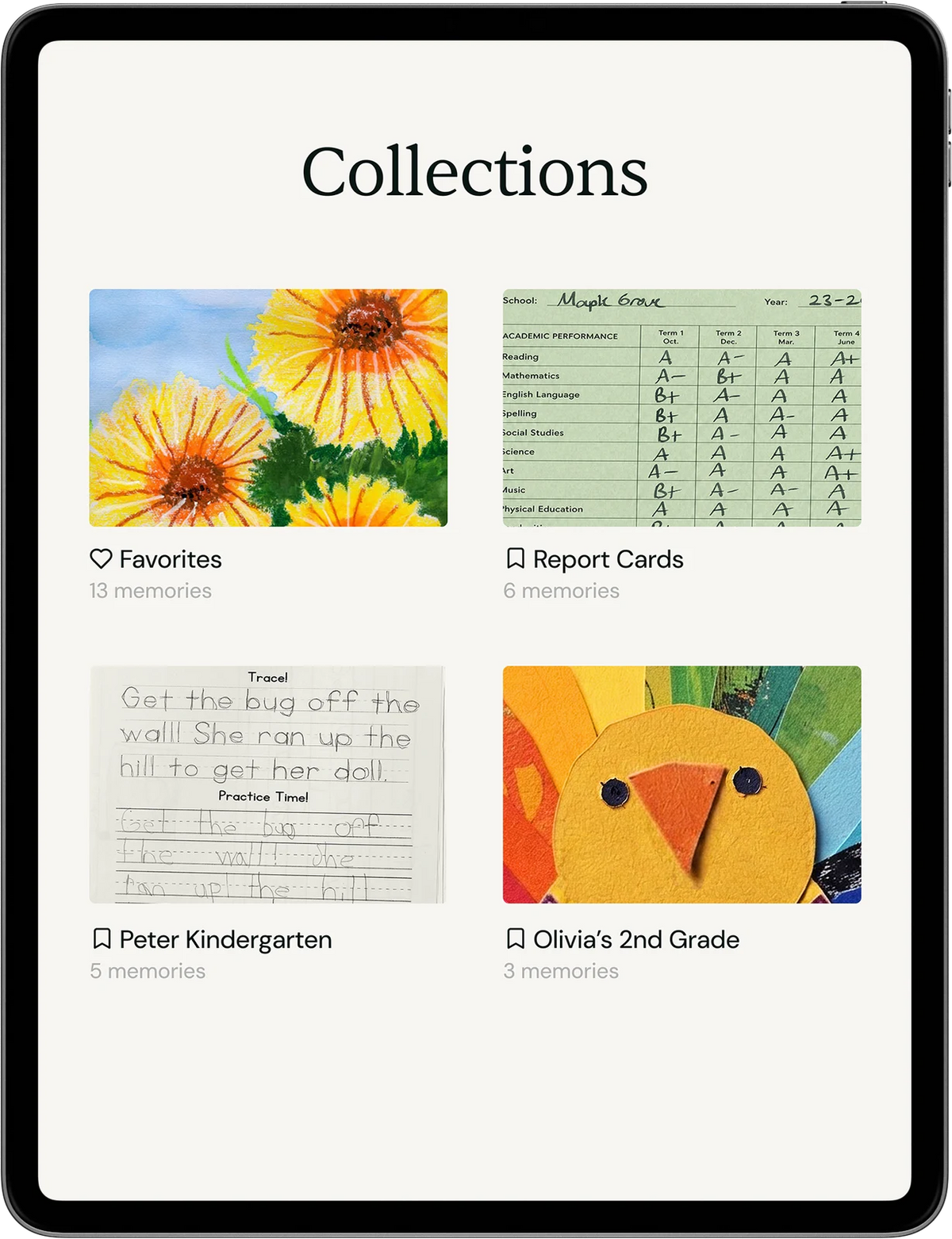 A digital collection organized by child and year