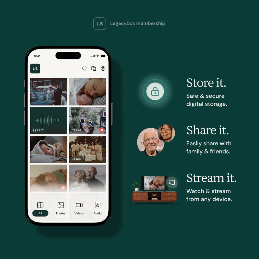Legacybox app for storing, sharing, and streaming digitized memories