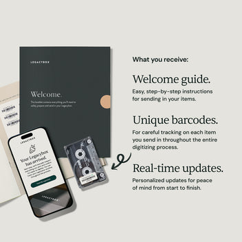 Legacybox welcome guide, barcode labels, and tracking updates