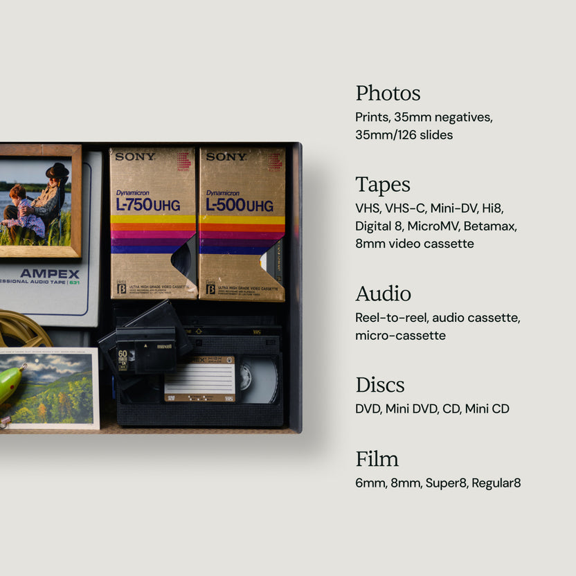 Photos, tapes, audio, discs, and film formats accepted by Legacybox