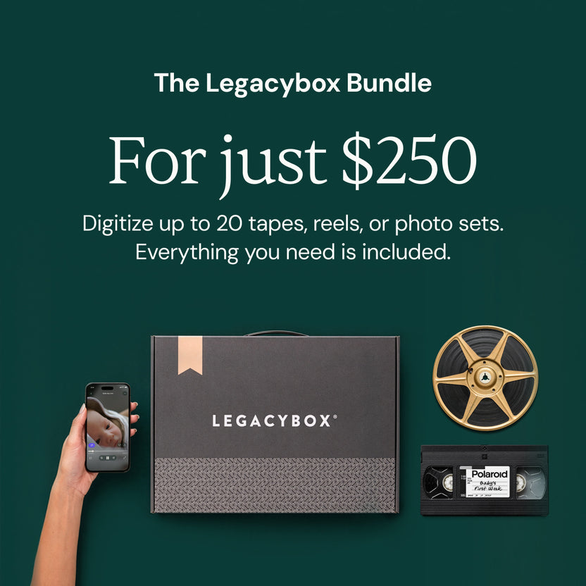 The Legacybox Bundle for $250 with a Legacybox, phone, film reel, and VHS tape