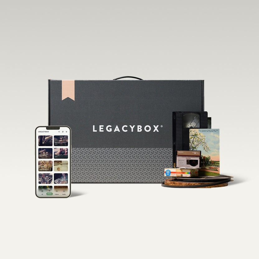 Legacybox with a phone and supported tapes, film, and photos
